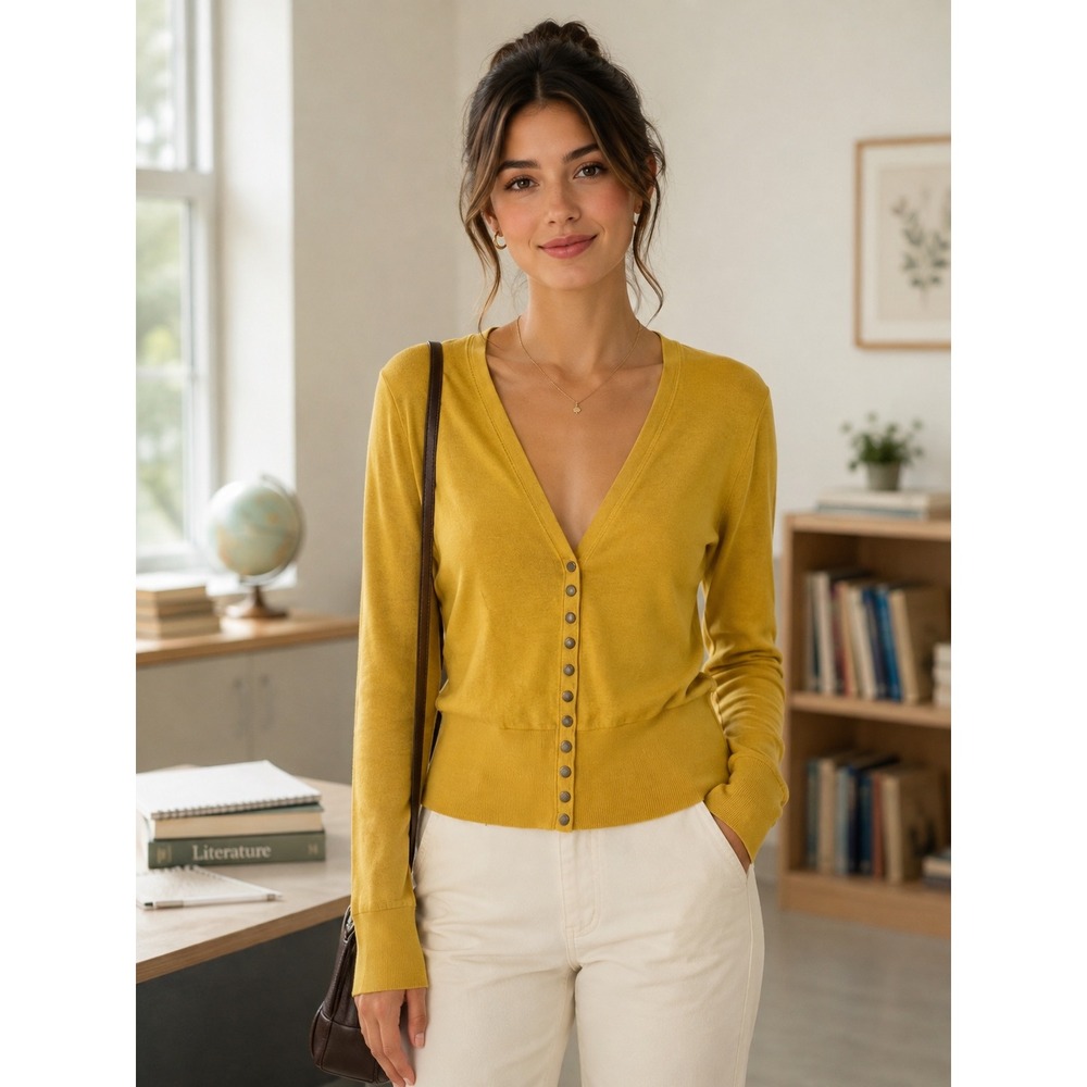 Color Story Snap Front Cardigan L Mustard Yellow V-Neck 8020 Teacher-core Y2K